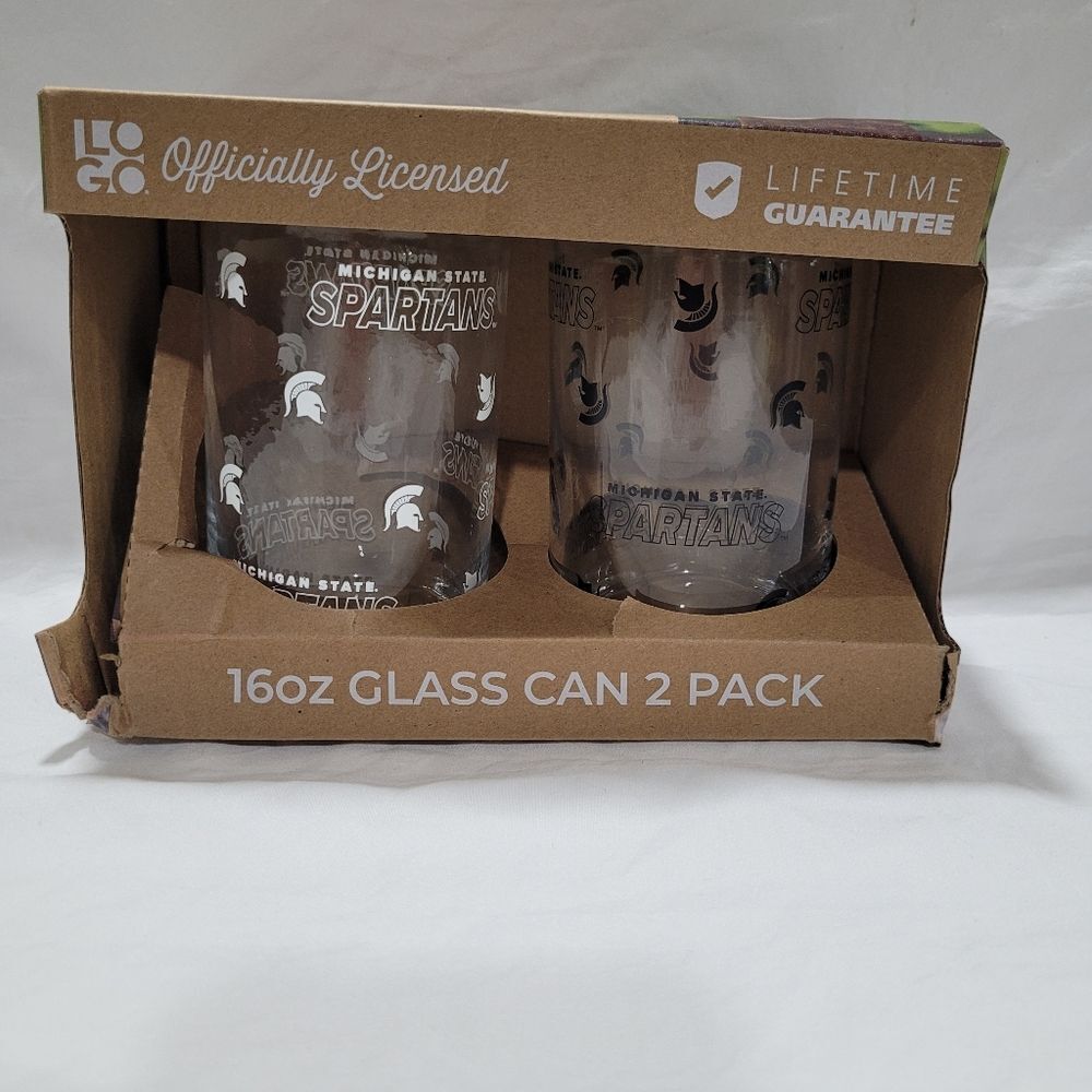 NCAA Michigan State Spartans 2pk Glass Can 16oz Stemless Pint Glasses NWT